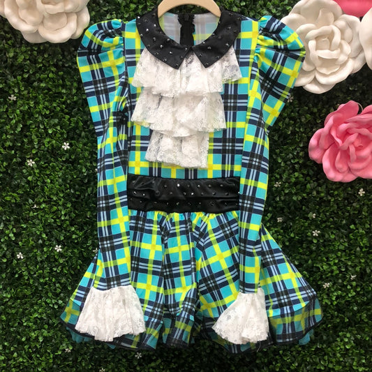 Child Medium Green Blue Plaid Dress Costume