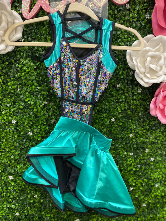 Child Medium Green Sequin Leo with Skirt