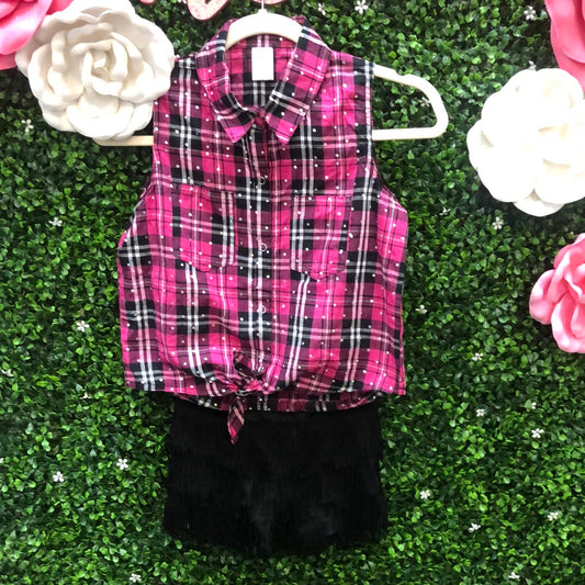 Child Medium Pink Plaid Top Fringe Shorts Costume