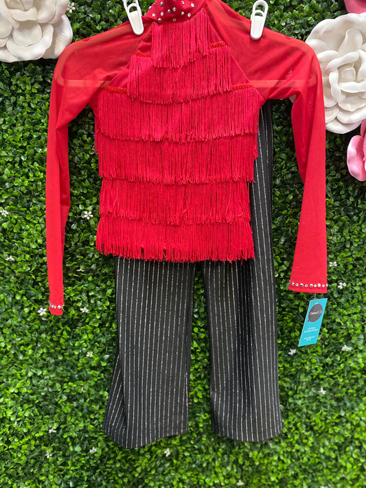 Child Intermediate Red Fringe Top with Stripped Pants