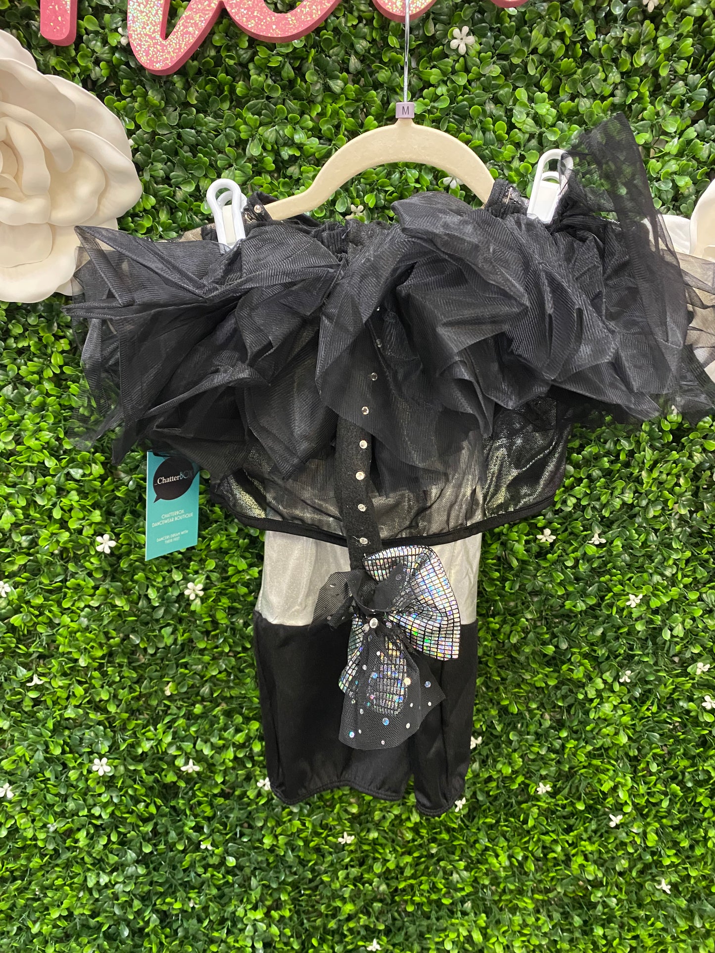 Child Medium Black Silver Mesh Biketard with Tutu Costume