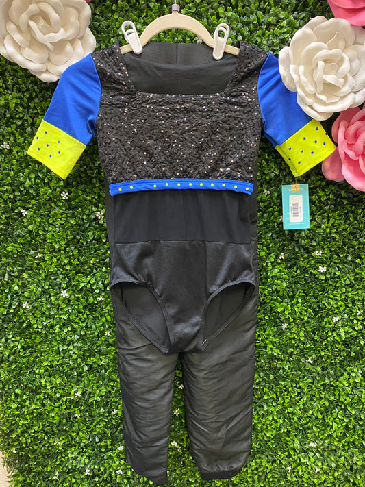 Child Medium Black Blue Sequin Leo with Black Pants Costume