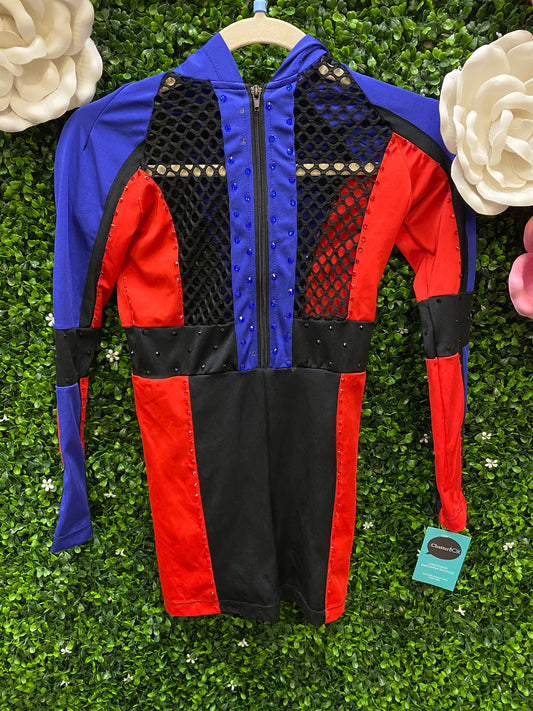 Child Large Red Blue Mesh Biketard Costume