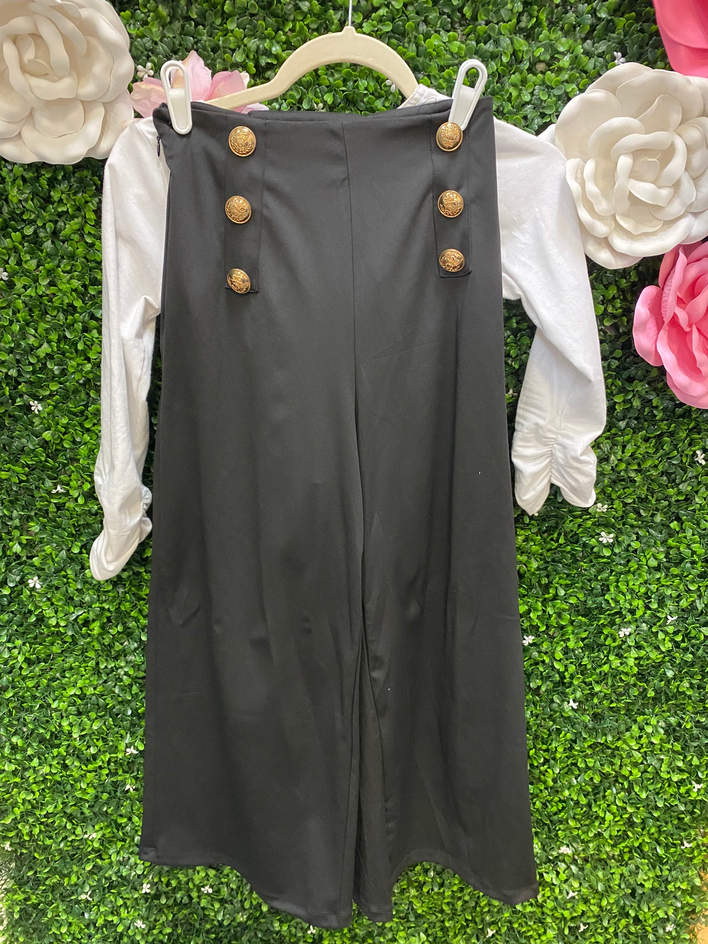 Teen White Top Black Pants with Gold Buttons
