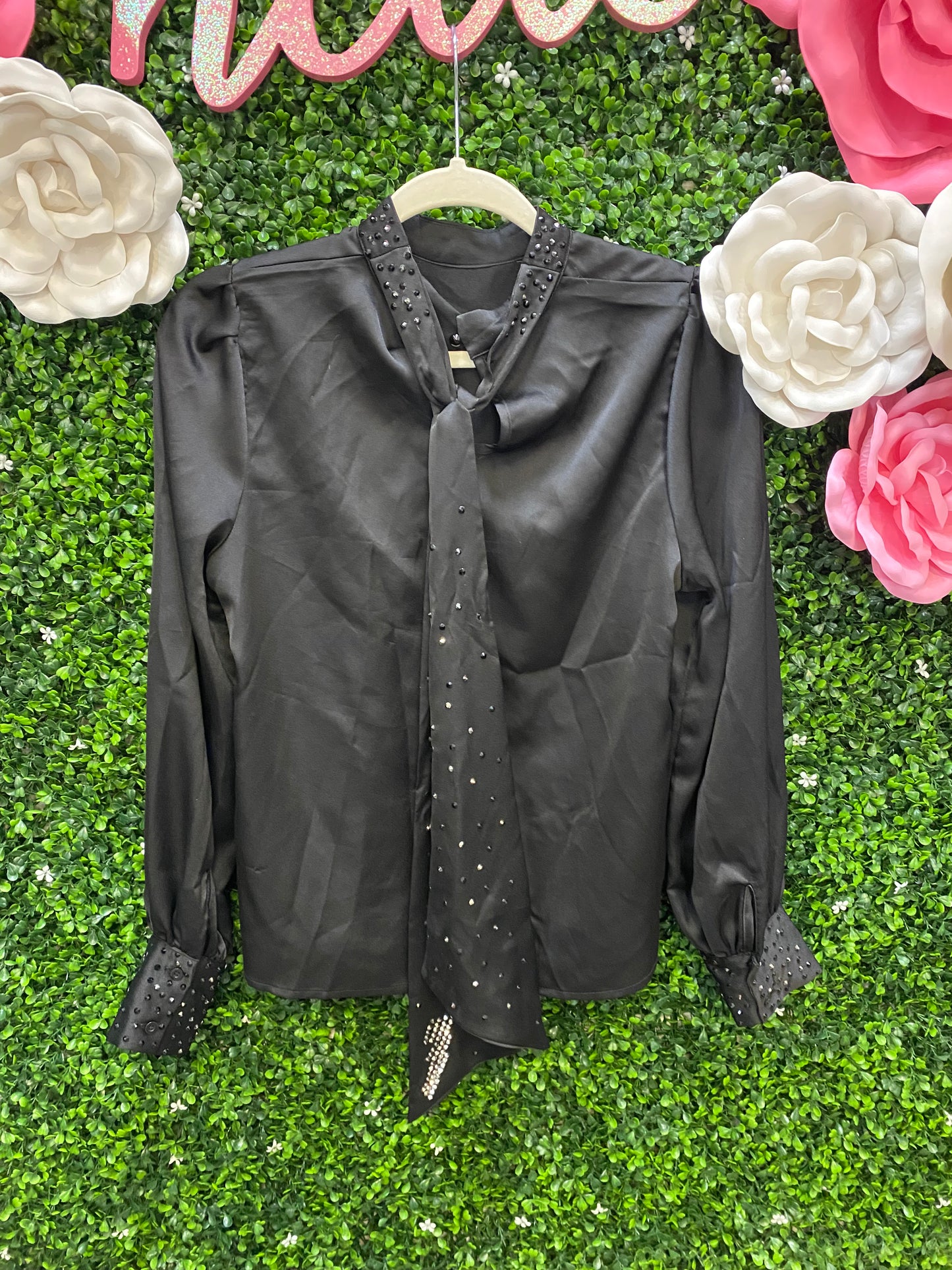 Adult Small Black Silk Shirt with Lightning Bolt Tie