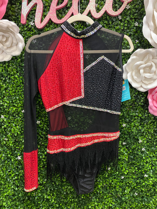 Adult Large Black and Red Leotard with Beaded Fringe