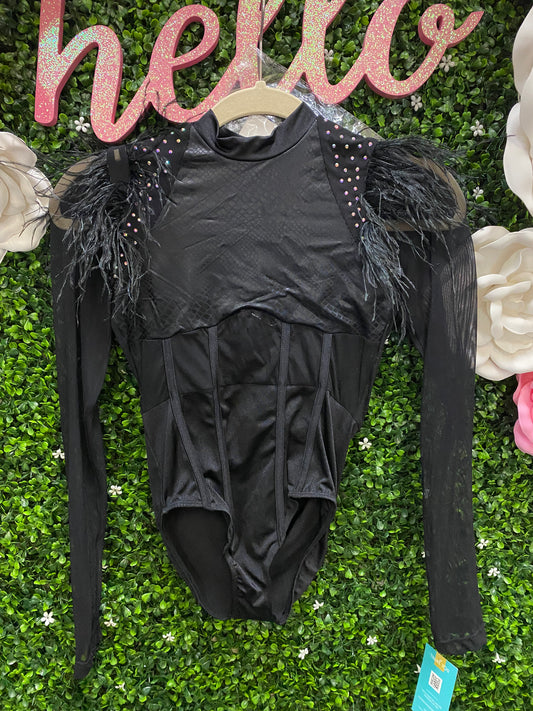 Child Large Black Leotard with Feathers