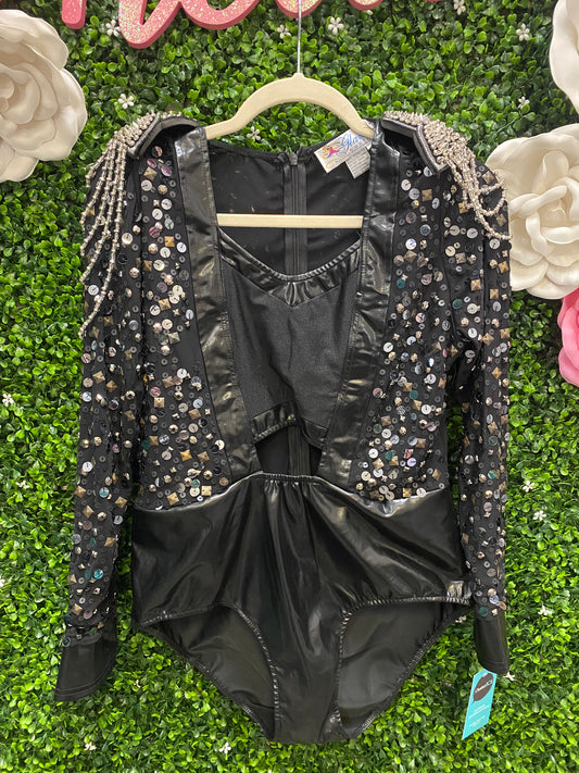 Adult X-Large Black Sequin Spiked Shoulder Leotard