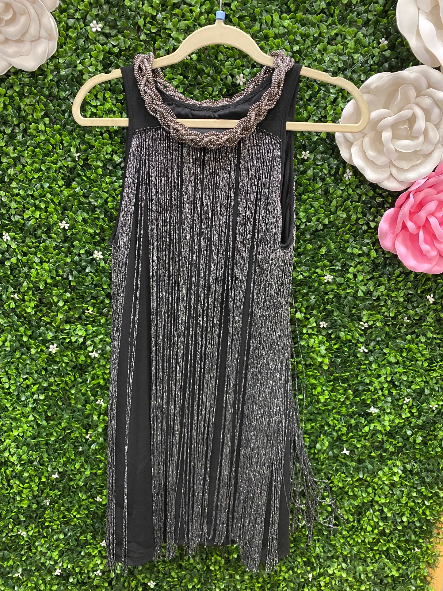 Adult Large Black and Silver Fringe Dress