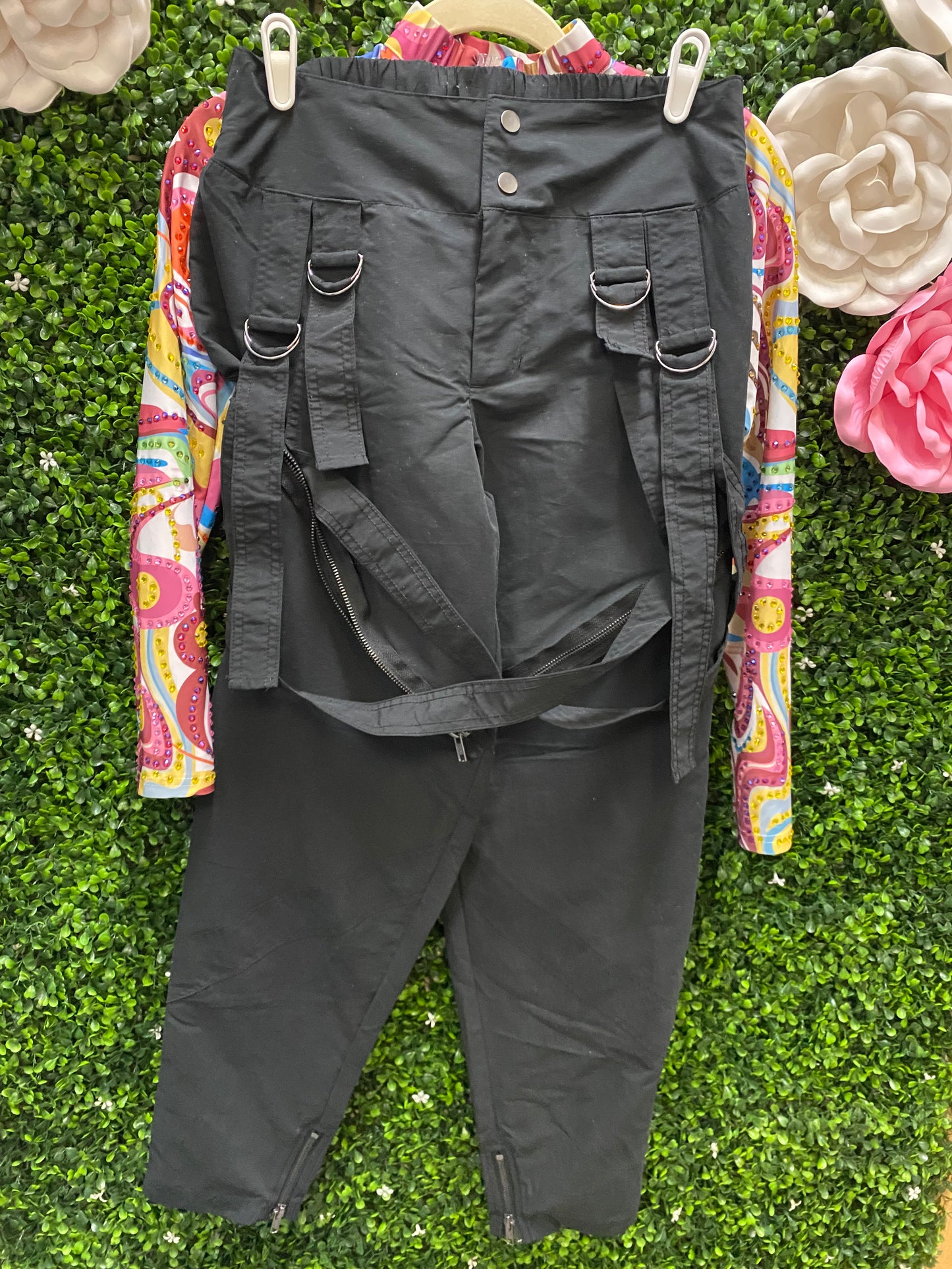 Adult Small Multi Color Top with Black Strapped Pants