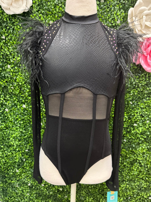 Child Large Black Leotard with Feathers