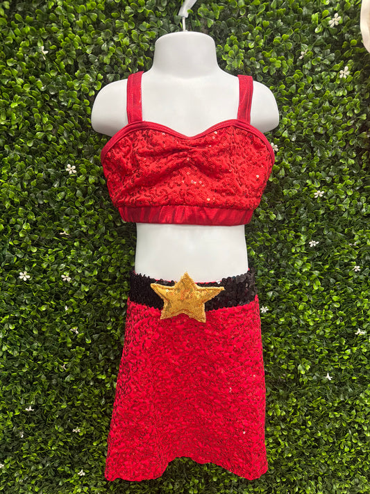 Child Intermediate Red Sequin Dance Costume Set with Gold Star Belt