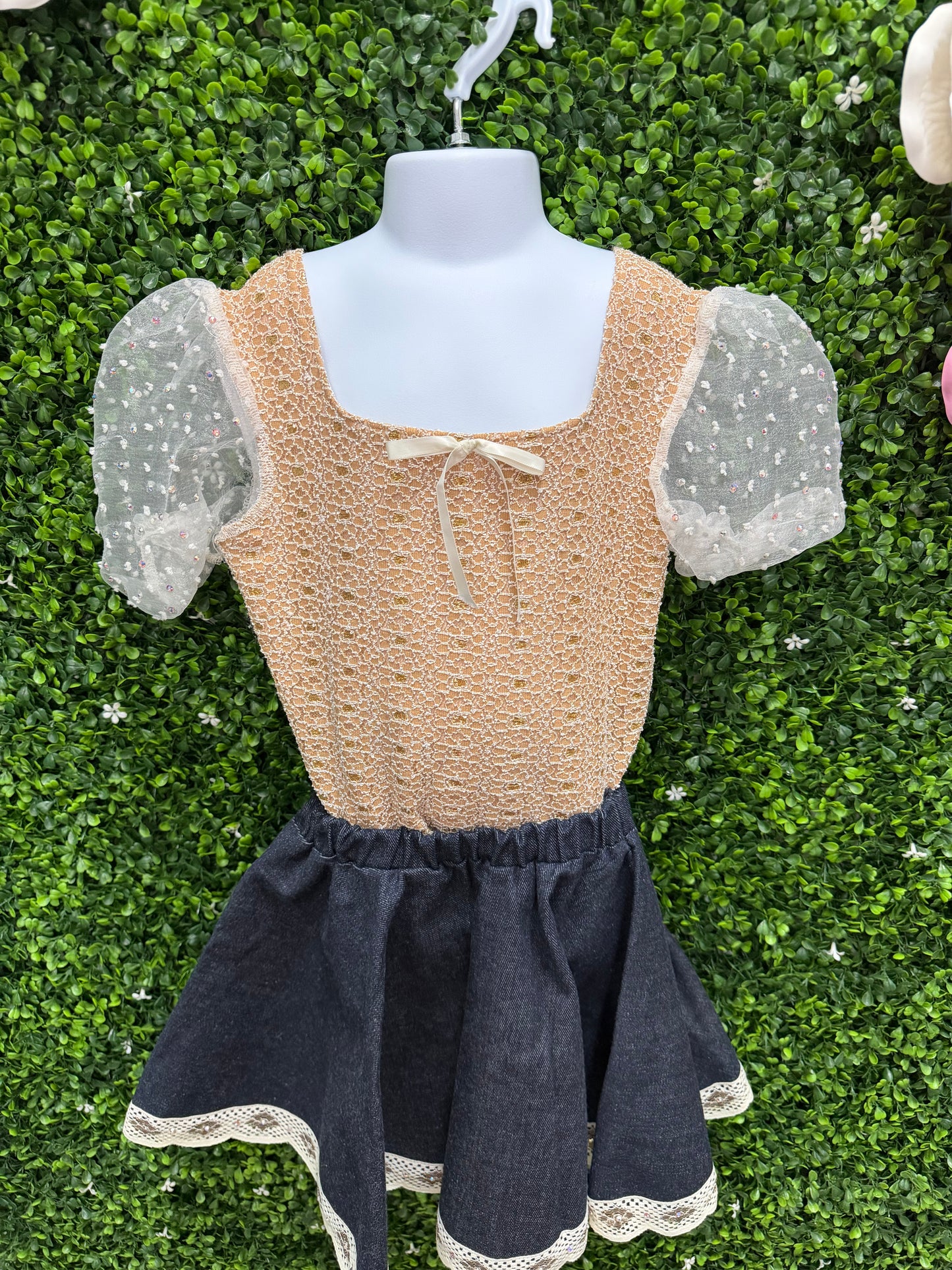 Child Large Peach Crochet Bodice Puff Sleeve Leotard with Navy Skirt