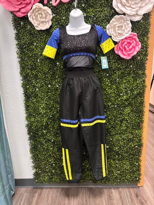 Child Medium Black Blue Sequin Leo with Black Pants Costume