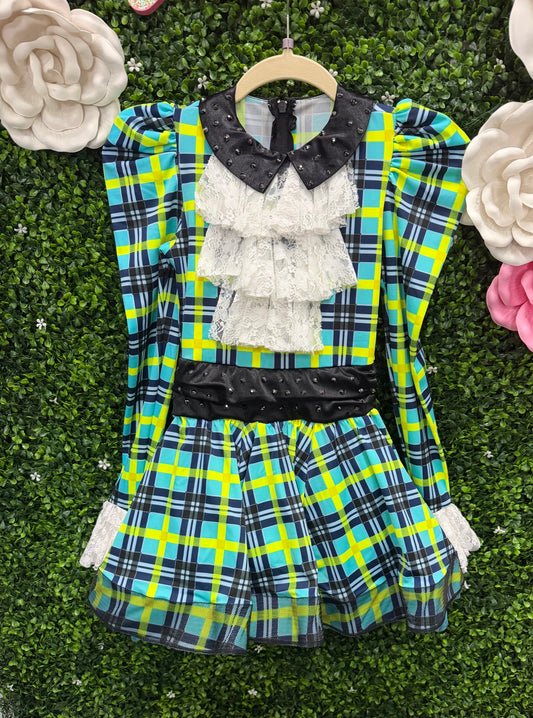 Child Medium Green Blue Plaid Dress Costume