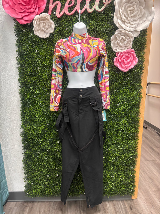 Adult Small Multi Color Top with Black Strapped Pants