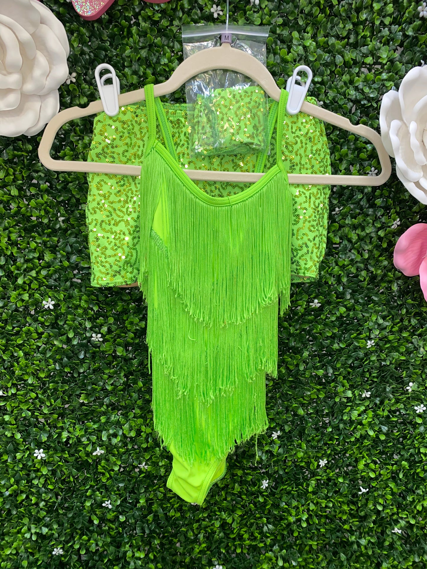 Child Medium Green Sequin Fringe Leo with Shorts