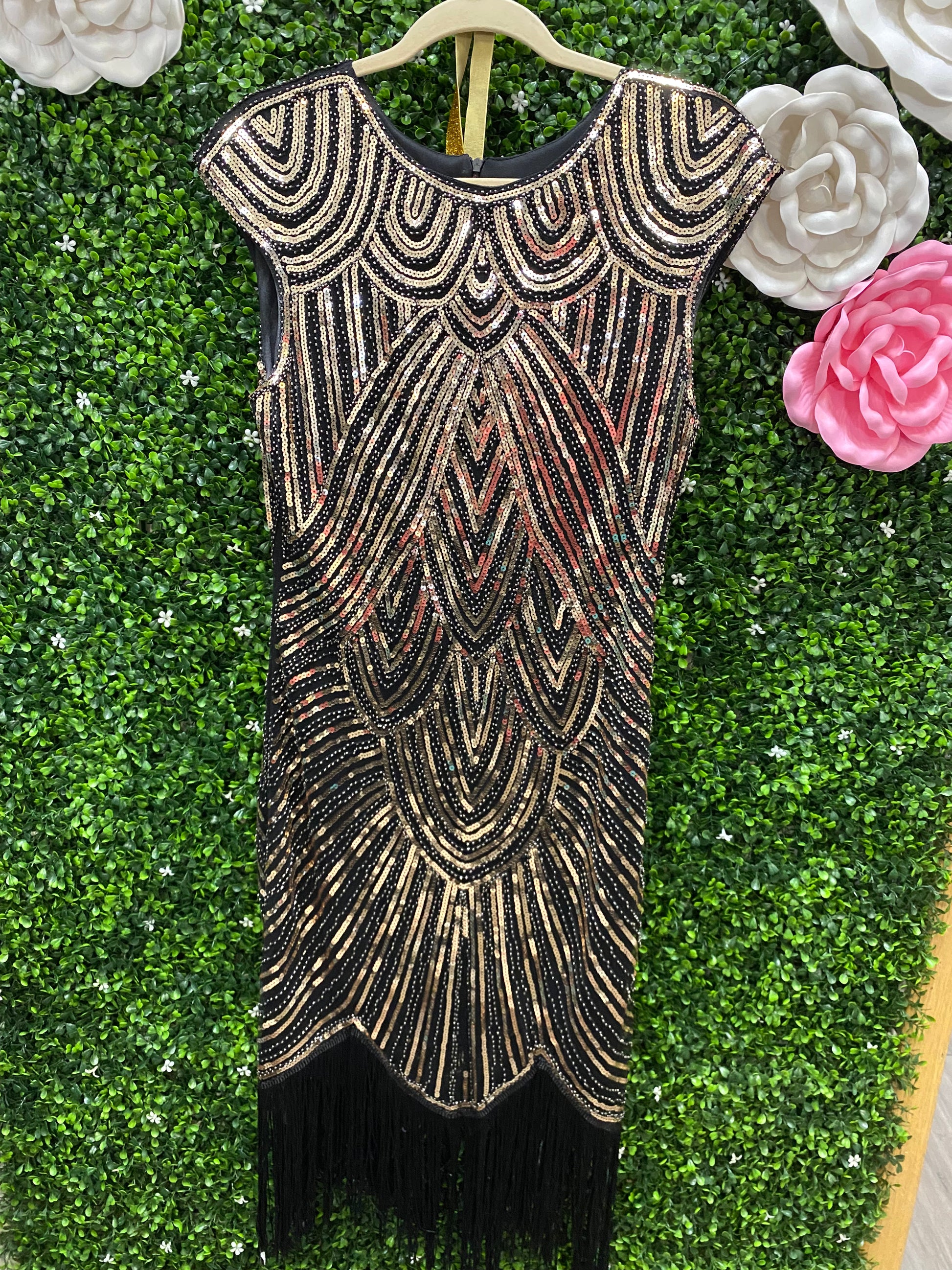 gold sequin fringe dress Adult Large Black and Gold Sequin Fringe Dress – Chatterbox Dancewear Boutique