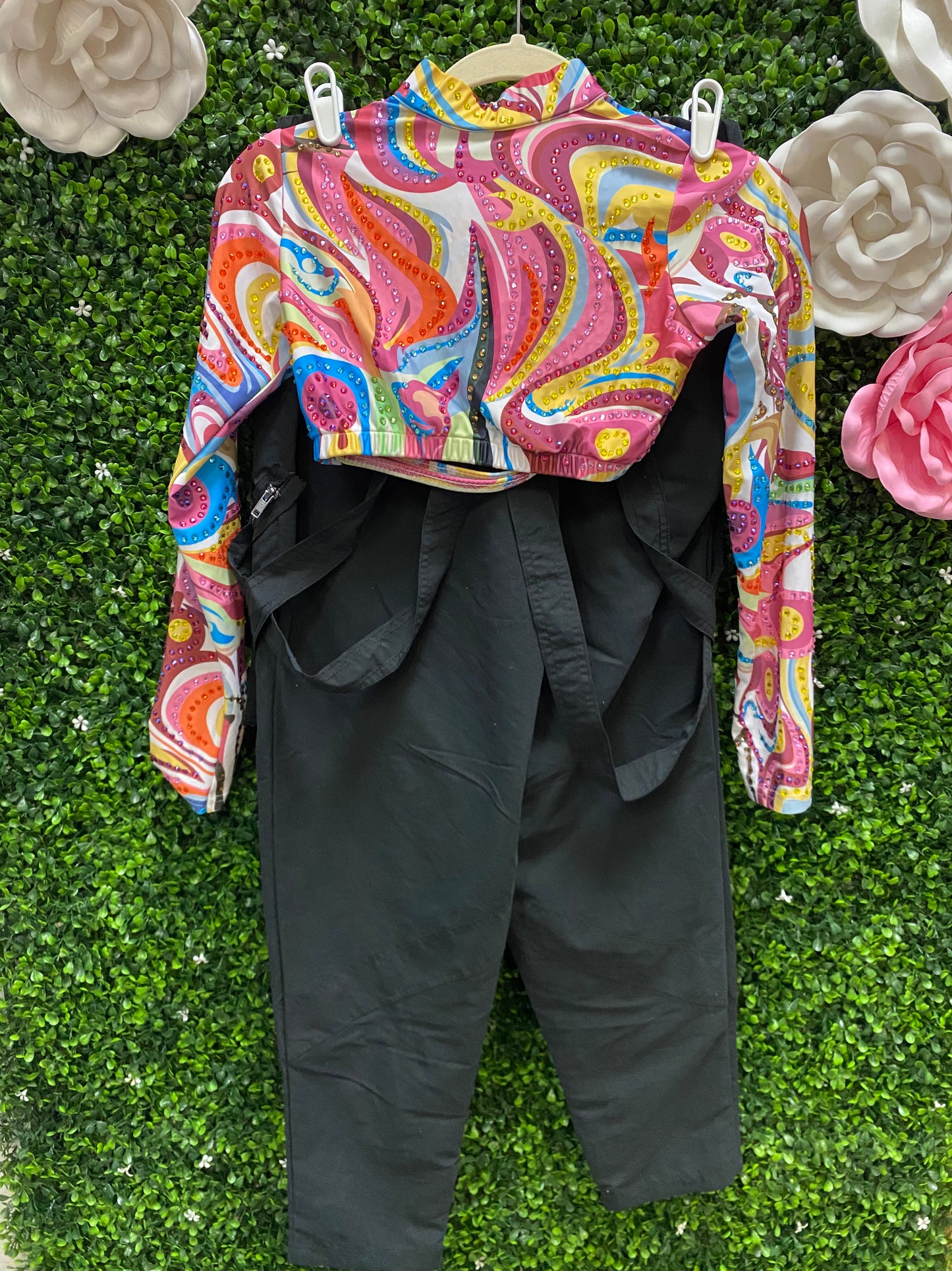 Adult Small Multi Color Top with Black Strapped Pants