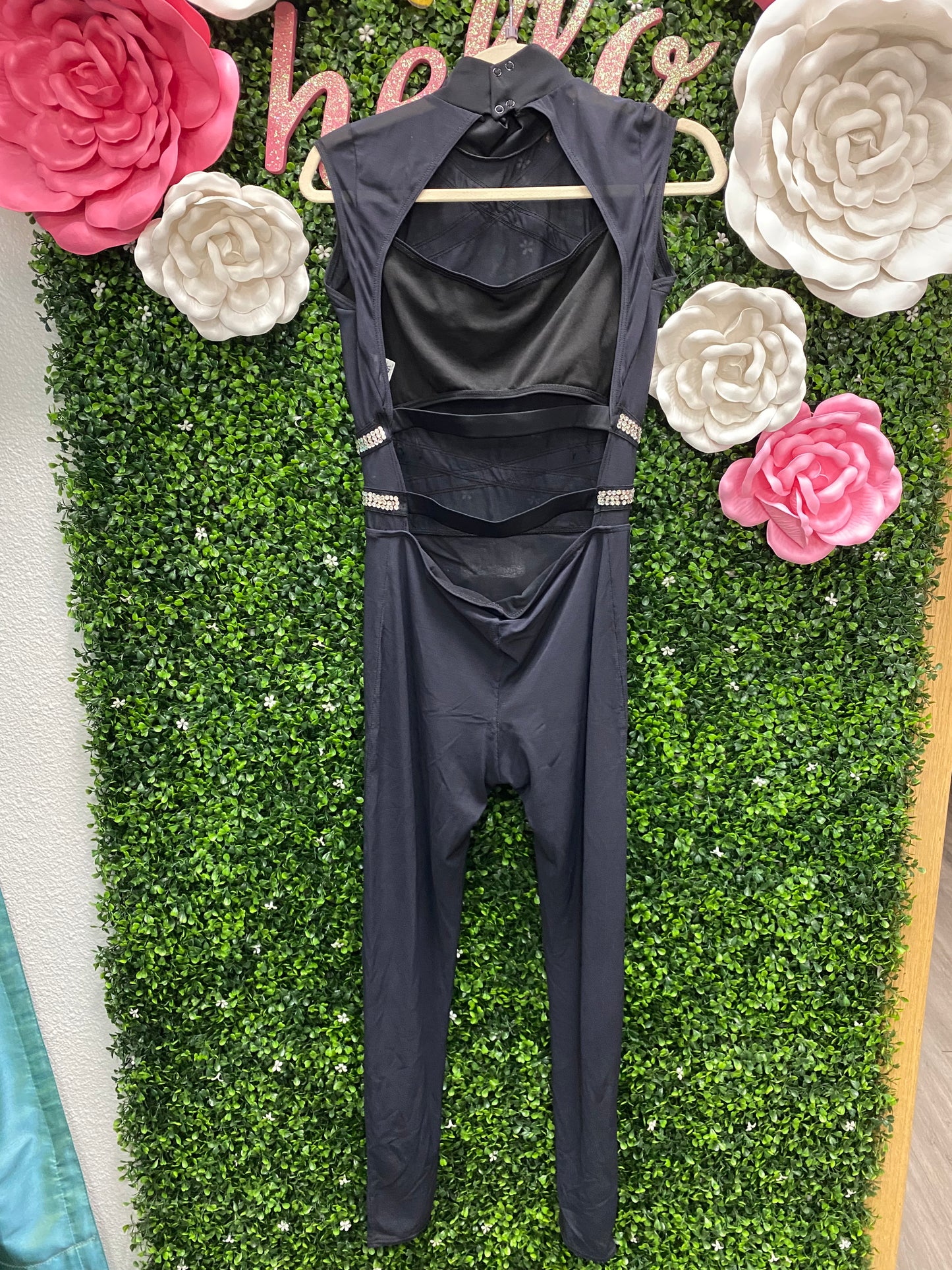 Adult Medium Black Unitard with Clear Stone