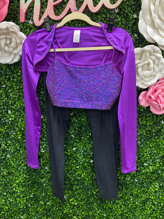 Adult Medium Purple Stoned Top with Black Leggings