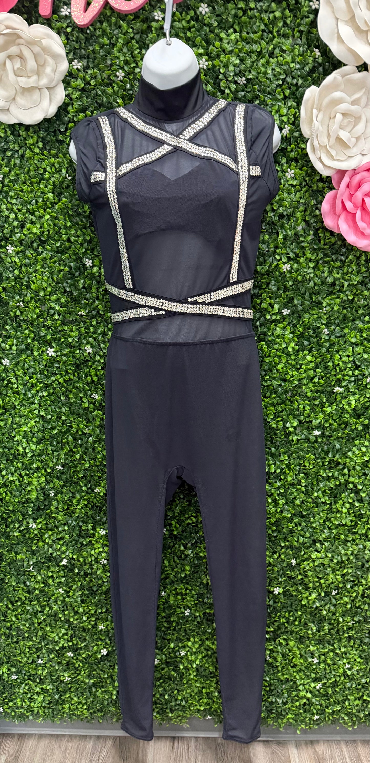 Adult Medium Black Unitard with Clear Stone