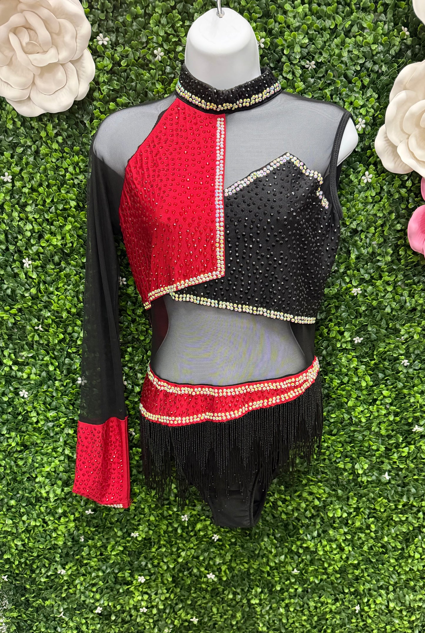 Adult Large Black and Red Leotard with Beaded Fringe