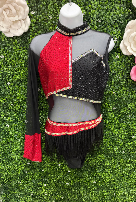 Adult Large Black and Red Leotard with Beaded Fringe