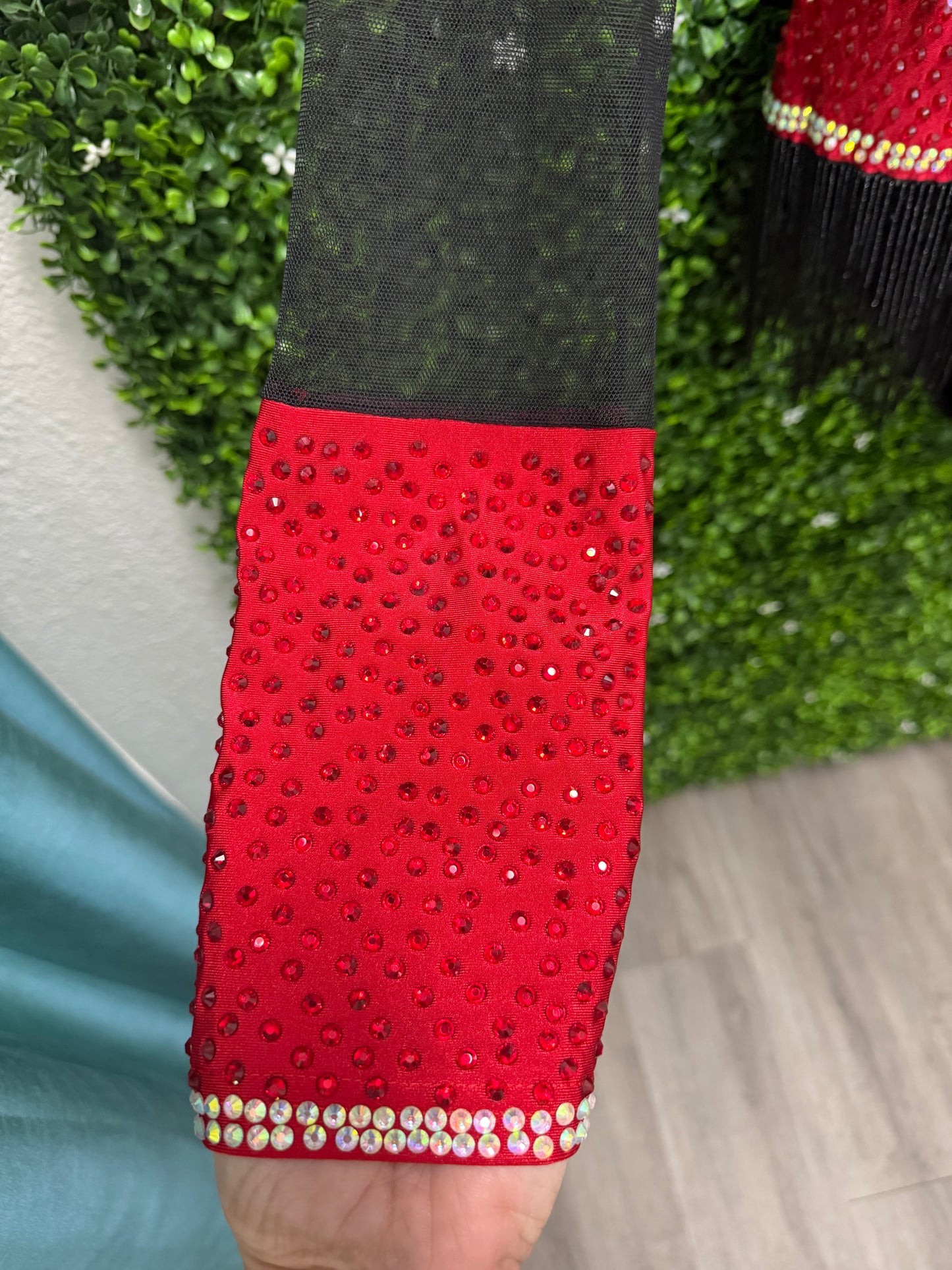 Adult Large Black and Red Leotard with Beaded Fringe