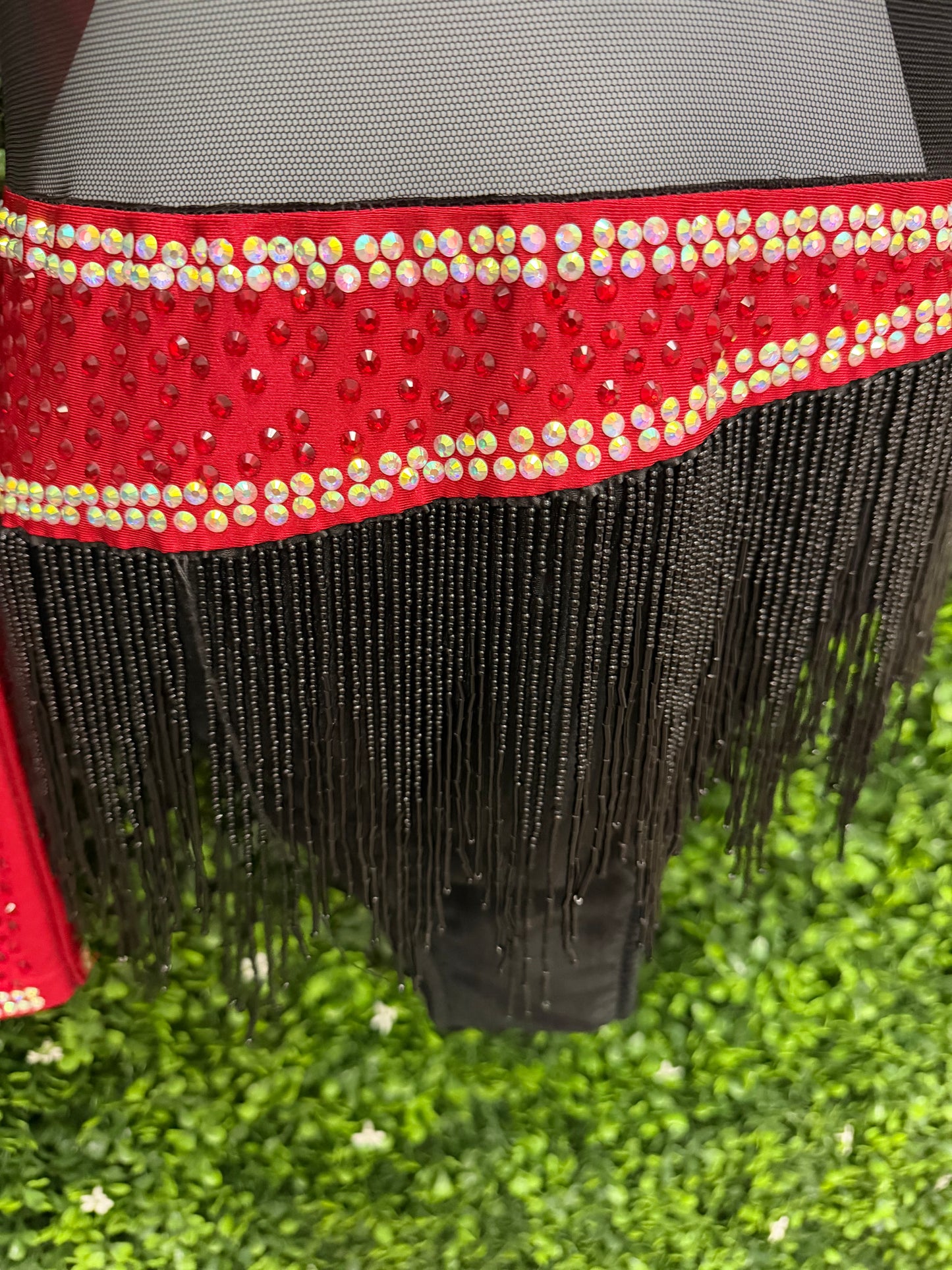 Adult Large Black and Red Leotard with Beaded Fringe