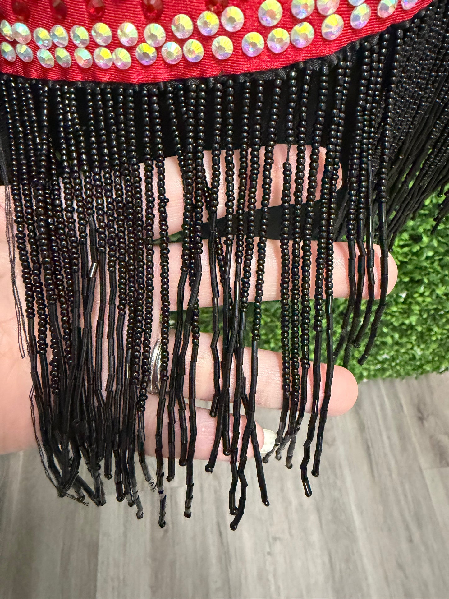 Adult Large Black and Red Leotard with Beaded Fringe
