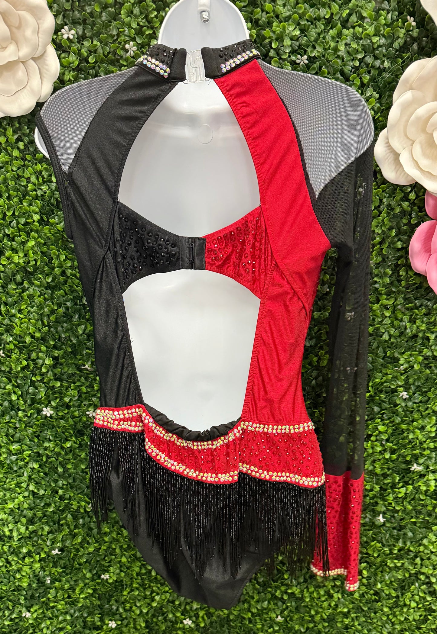 Adult Large Black and Red Leotard with Beaded Fringe