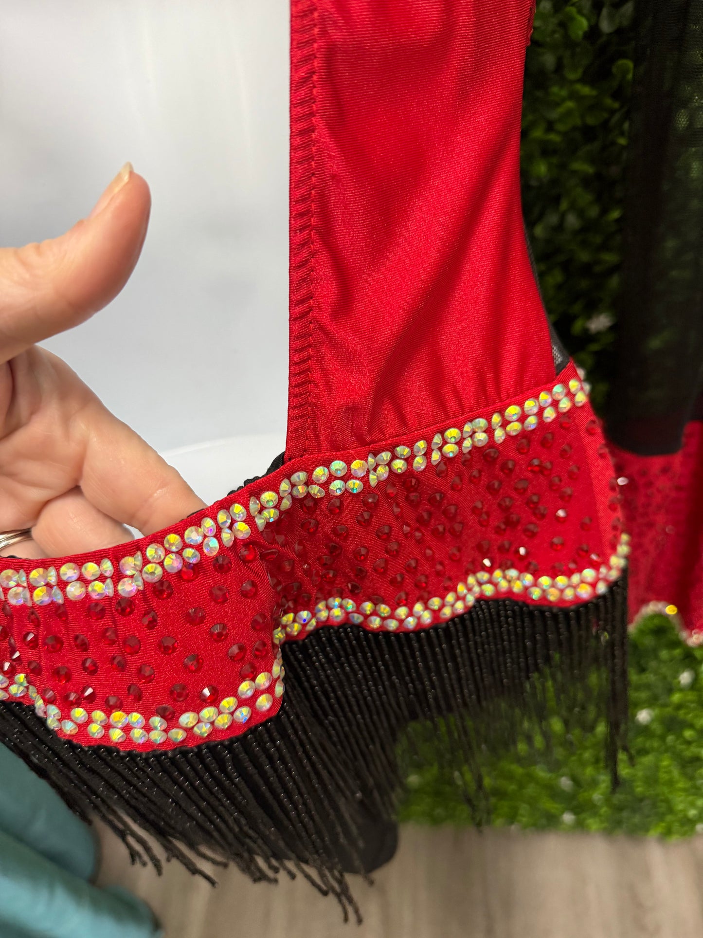Adult Large Black and Red Leotard with Beaded Fringe