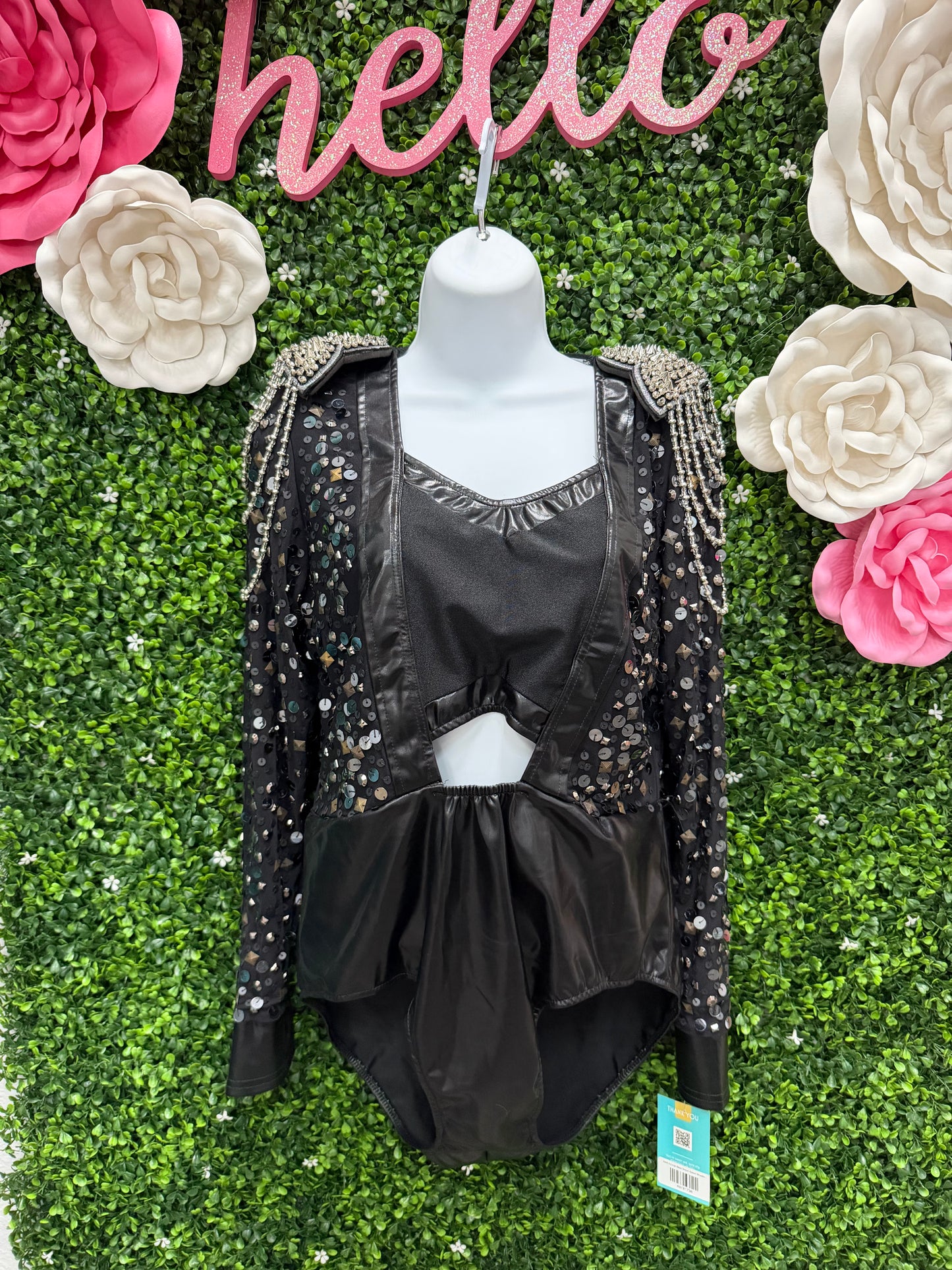 Adult X-Large Black Sequin Spiked Shoulder Leotard