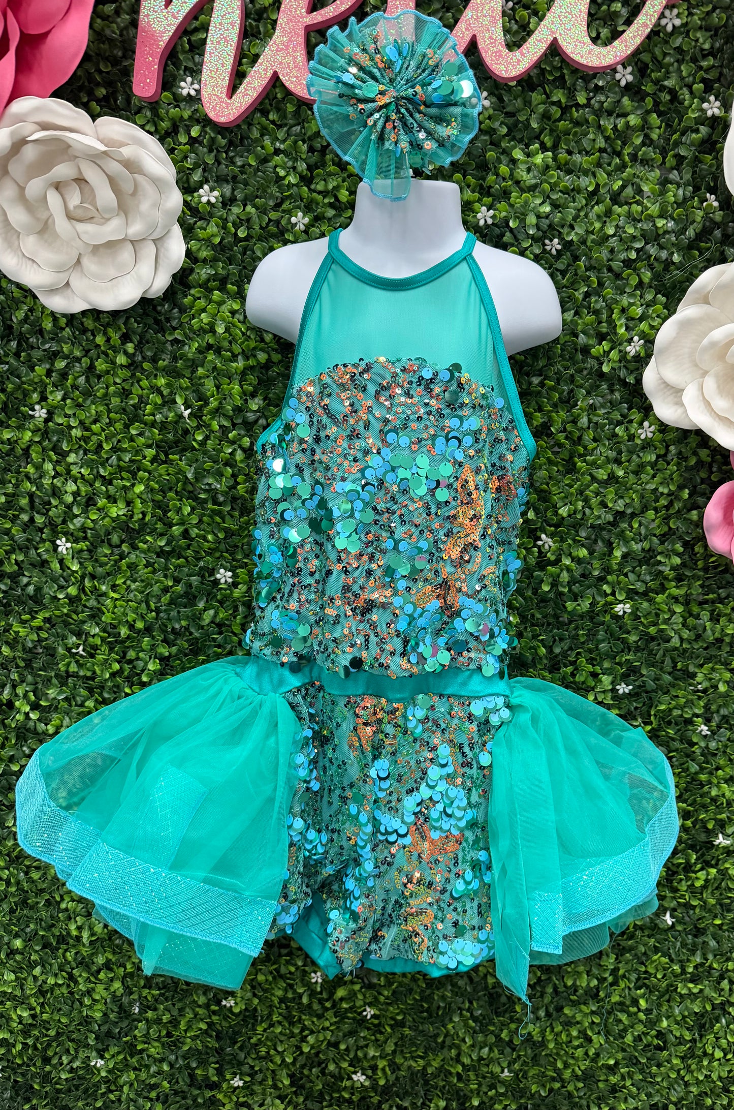 Child Large Teal Sequin Costume with Skirt