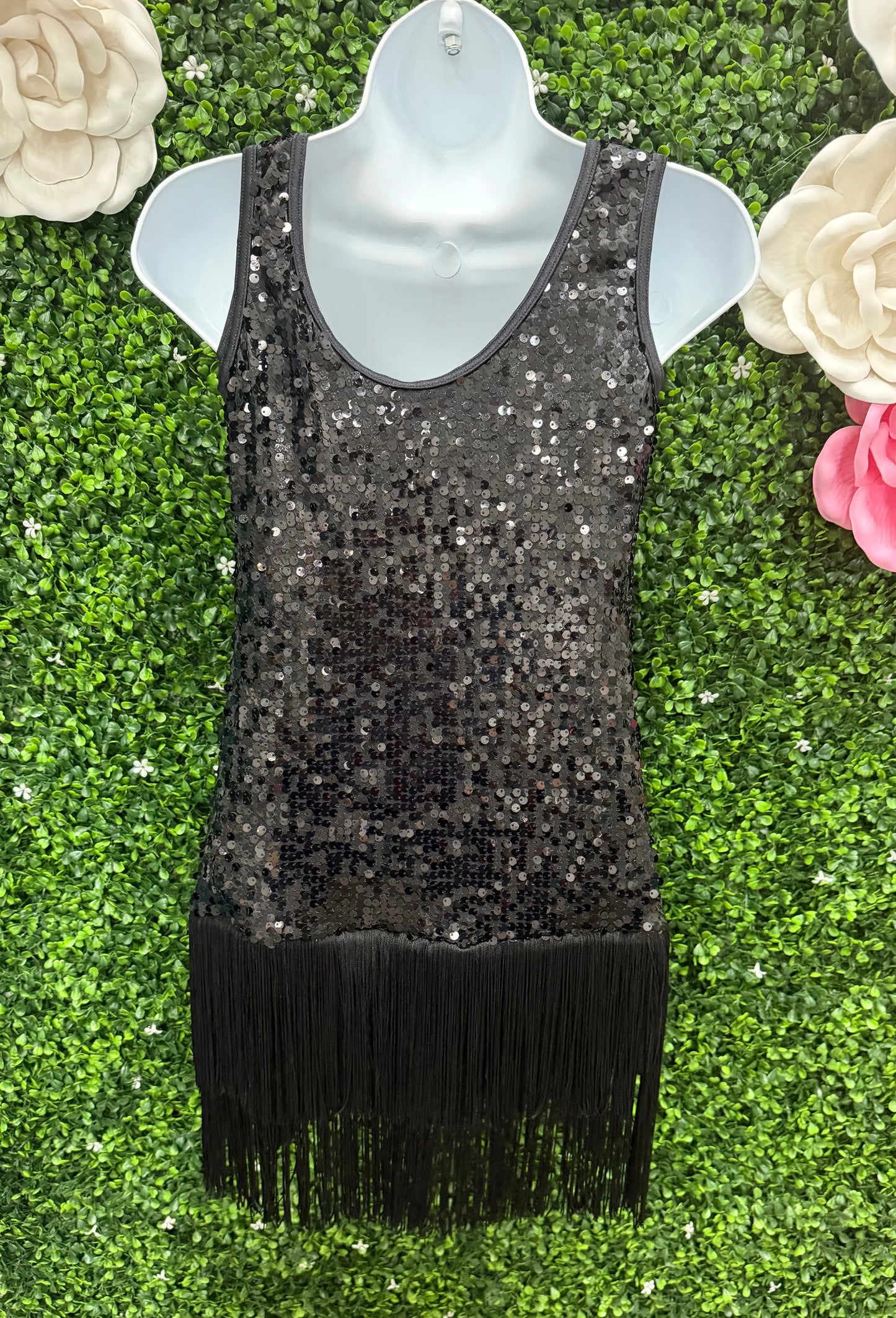 Child Large Black Sequin Fringe Dance Dress
