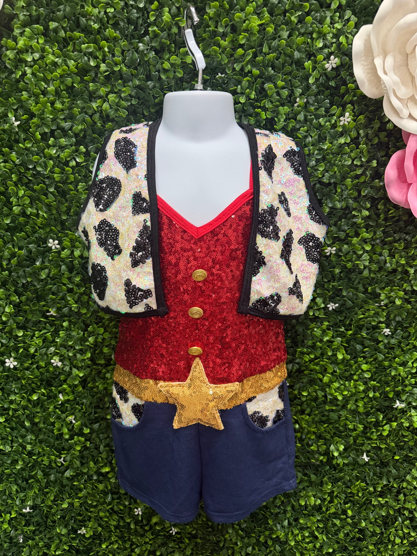 Child Medium Red Sequin Cowgirl Dance Costume with Gold Star Belt
