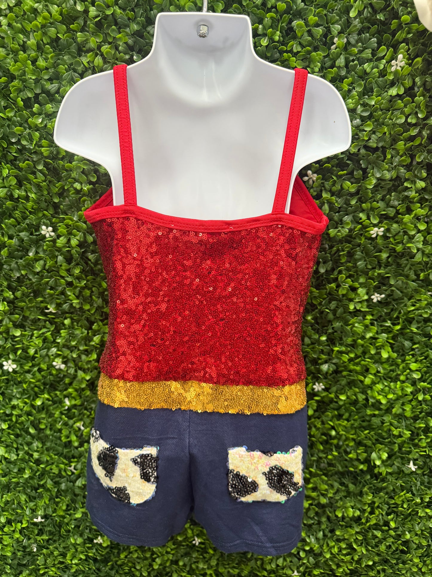 Child Medium Red Sequin Cowgirl Dance Costume with Gold Star Belt