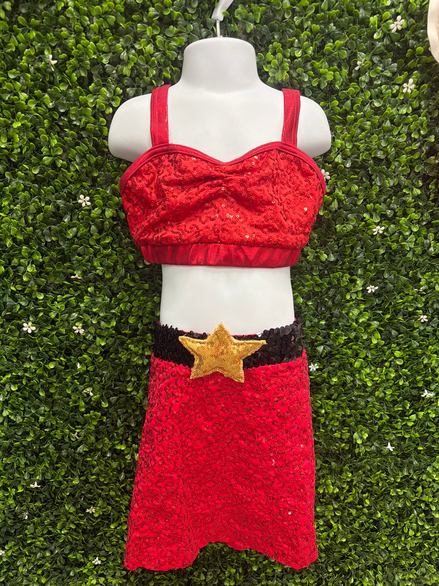 Child Intermediate Red Sequin Dance Costume Set with Gold Star Belt