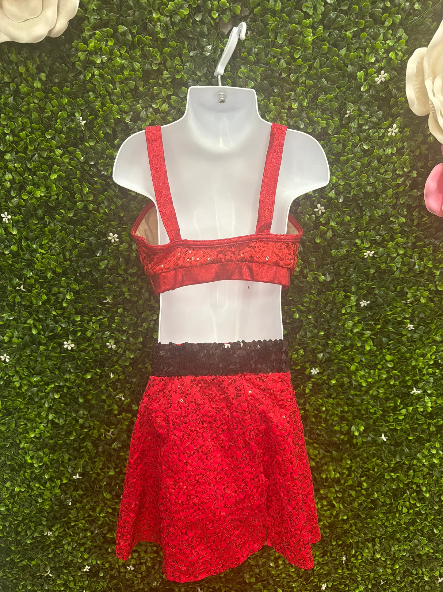 Child Intermediate Red Sequin Dance Costume Set with Gold Star Belt