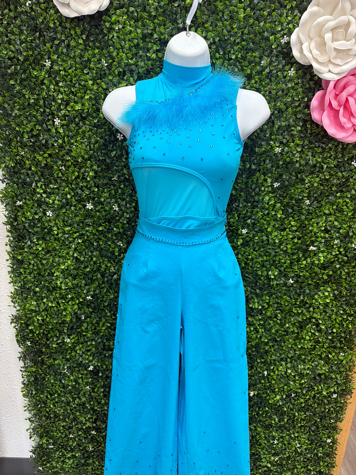 Child Medium Turquoise Feather Trimmed Dance Jumpsuit