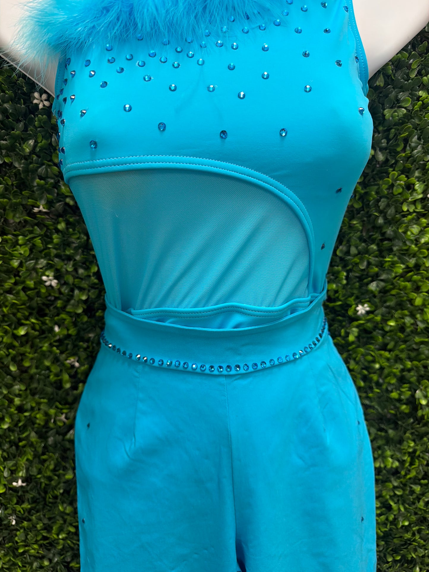 Child Medium Turquoise Feather Trimmed Dance Jumpsuit