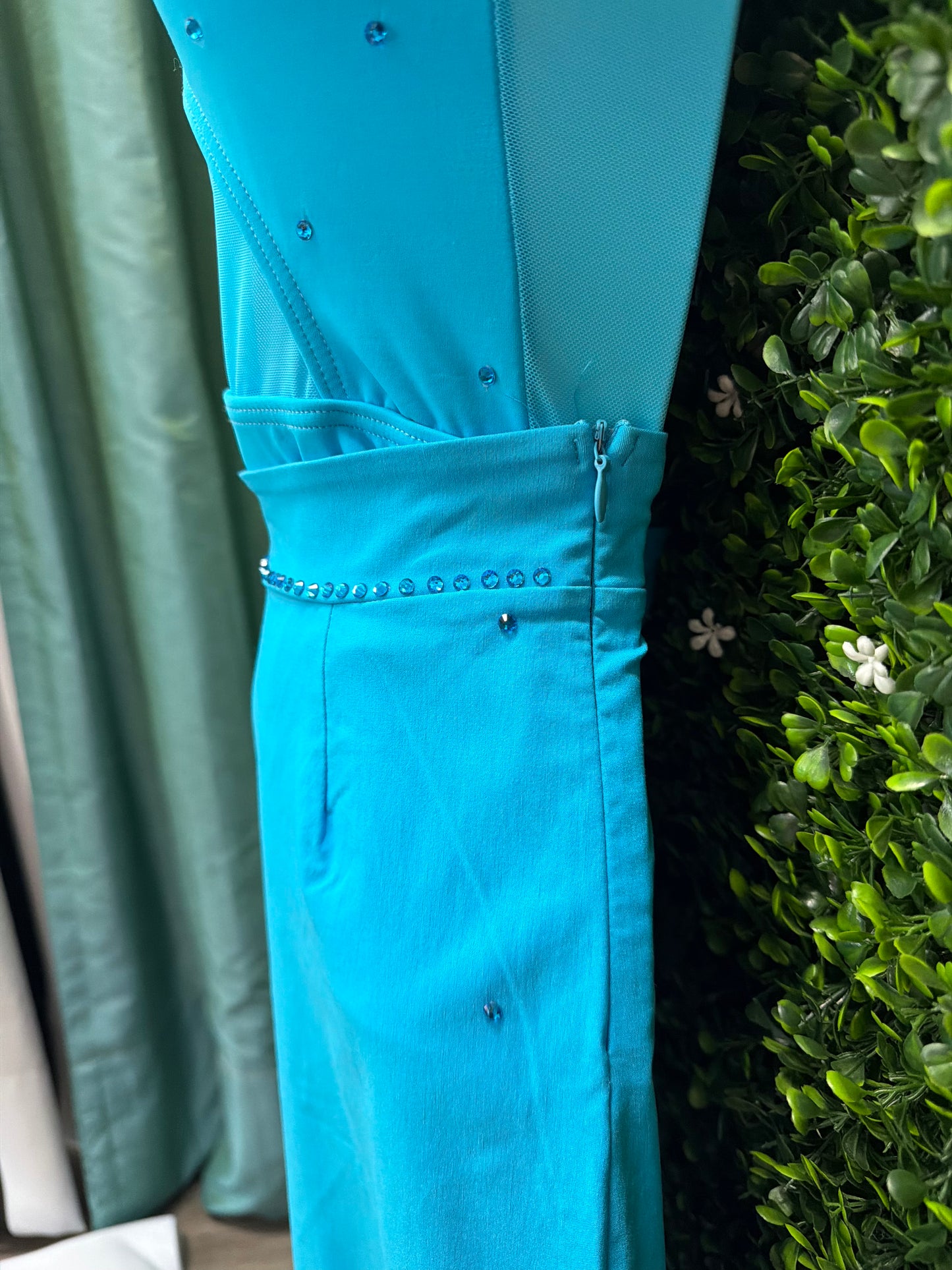 Child Medium Turquoise Feather Trimmed Dance Jumpsuit