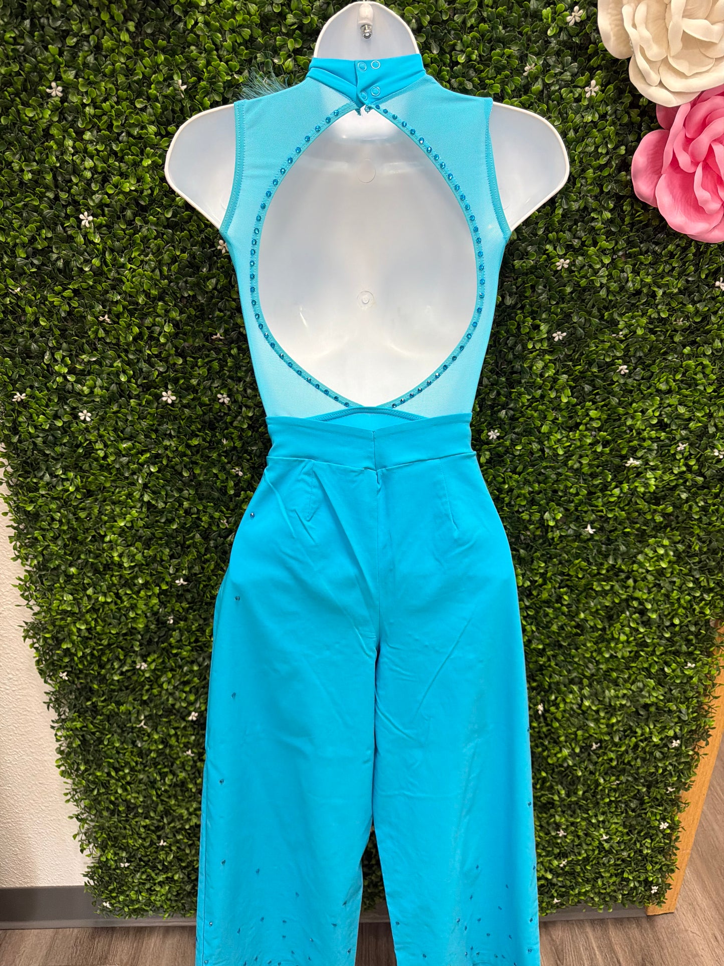 Child Medium Turquoise Feather Trimmed Dance Jumpsuit