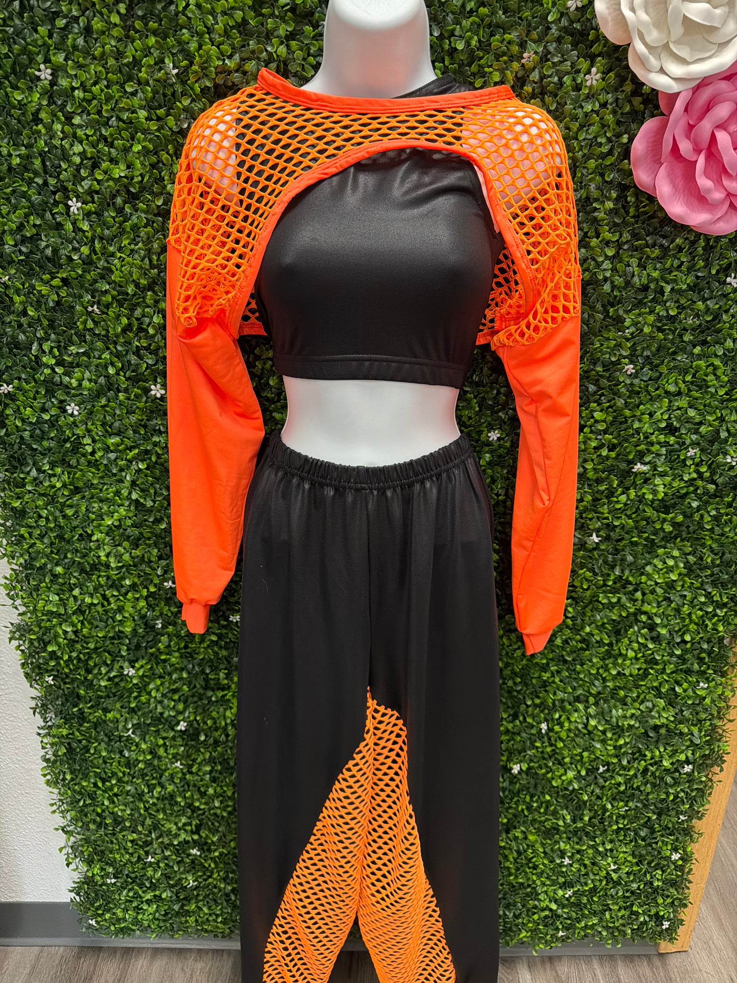 Adult Small Orange Mesh Accent Dance Costume Set - Black & Orange