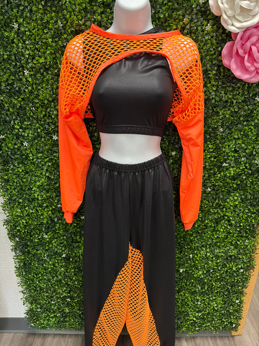 Adult Small Orange Mesh Accent Dance Costume Set - Black & Orange