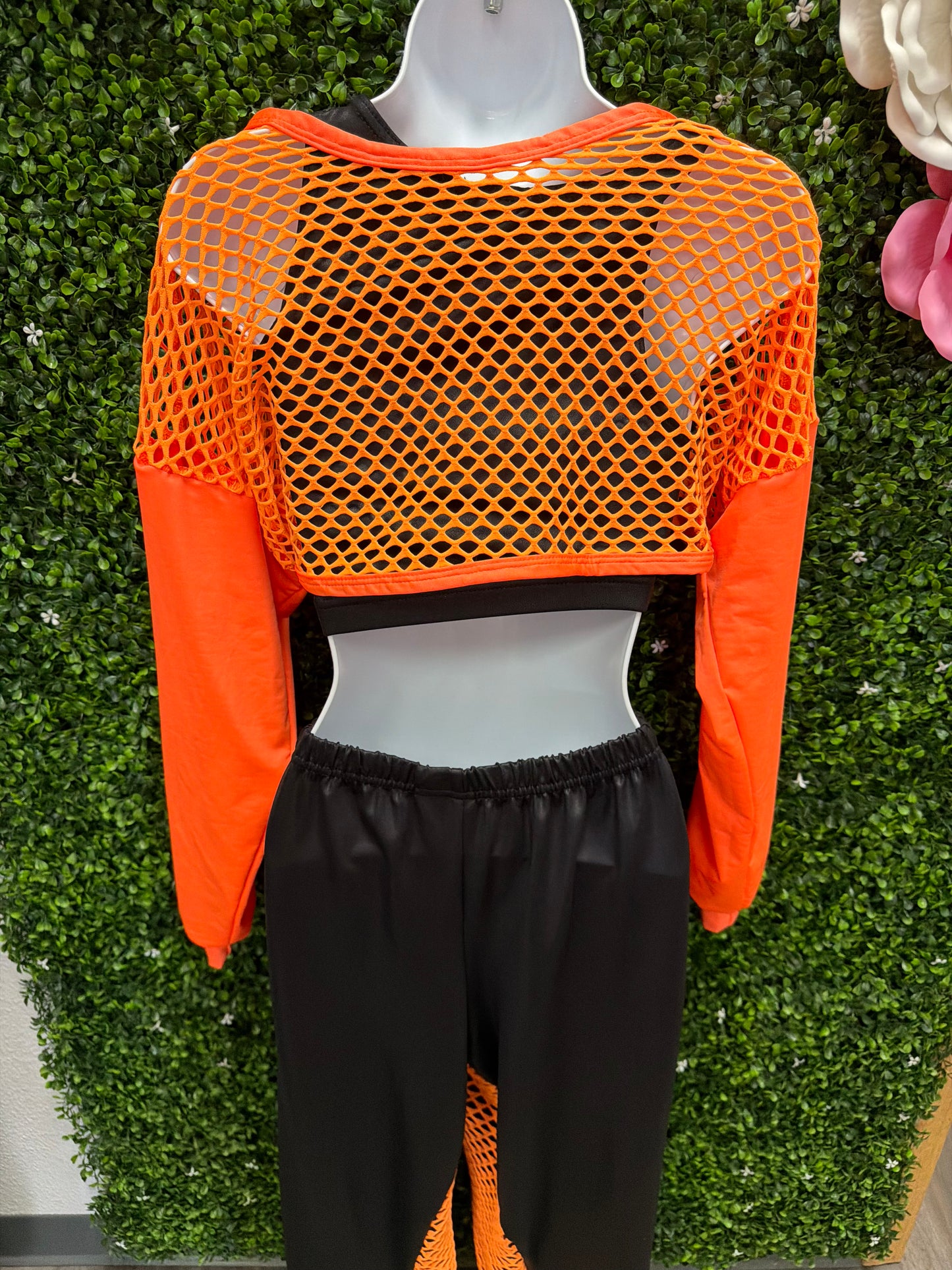 Adult Small Orange Mesh Accent Dance Costume Set - Black & Orange