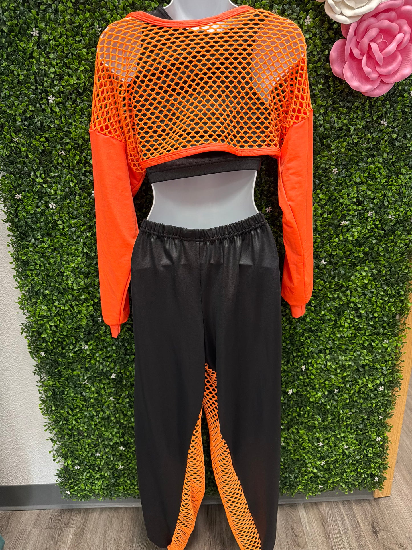 Adult Small Orange Mesh Accent Dance Costume Set - Black & Orange