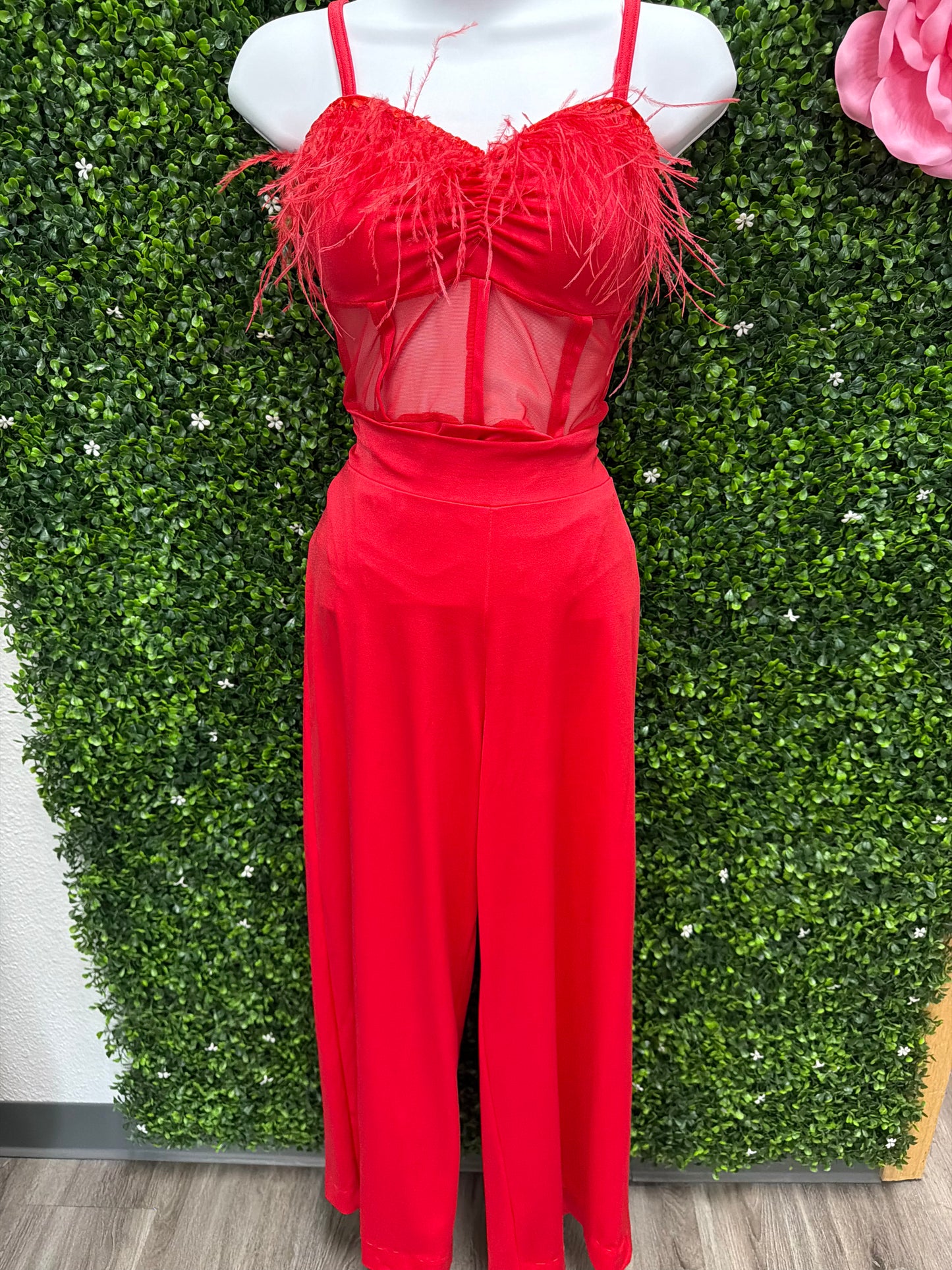Adult Small Red Feathered Leotard and Pants
