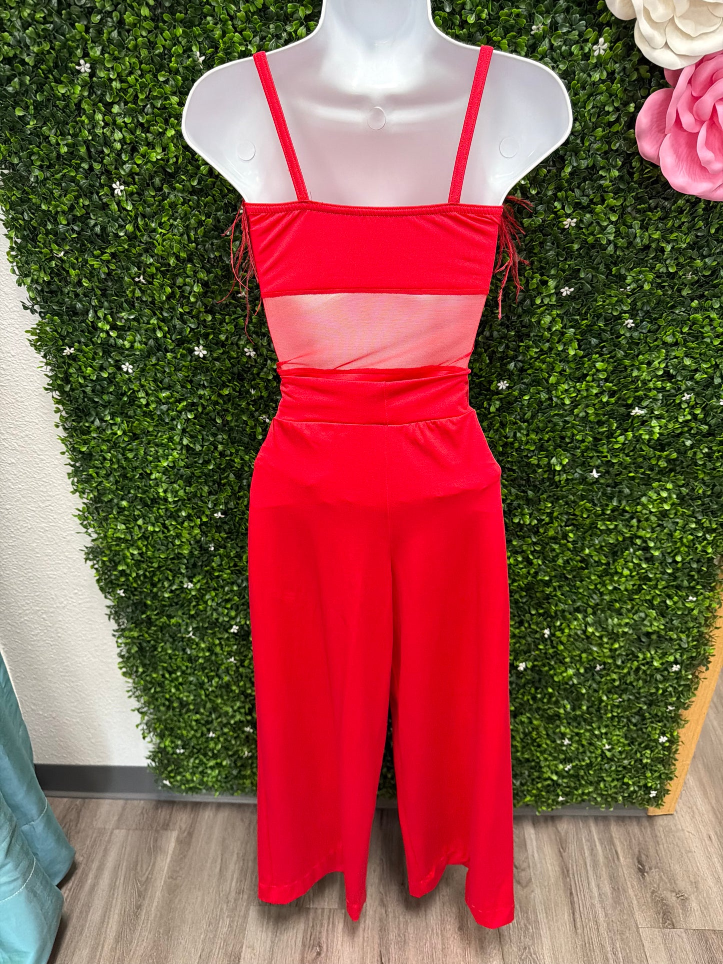 Adult Small Red Feathered Leotard and Pants
